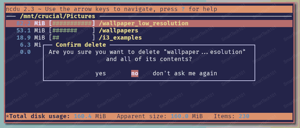 ncdu delete confirmation