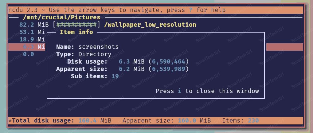 ncdu - pressing ishows file/dir information