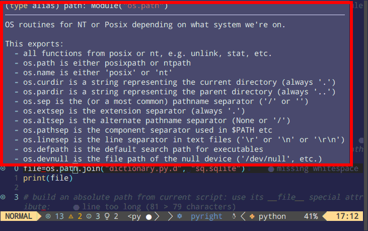 hover in nvim lsp: just put your cursor on any symbol (here path) and execute the hover command to get the hover information.