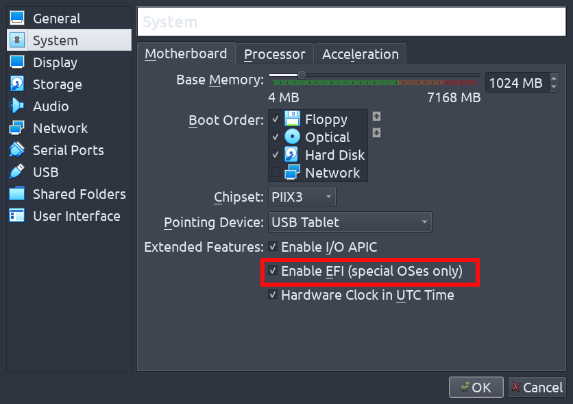 Enabling UEFI in Virtual Box